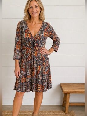 Nomads 12 100% cotton earth tone geometric lagonlook V neck midi dress boho